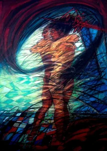 Pintura 'Amantes' (2000) de Israel Tamayo Zamora. Técnica: acrílico sobre tela, 151 x 99,5 cm.