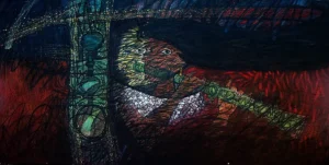 Pintura 'De la serie Músicos' (1999) de Israel Tamayo Zamora. Técnica: acrílico sobre tela, 99 x 199 cm.