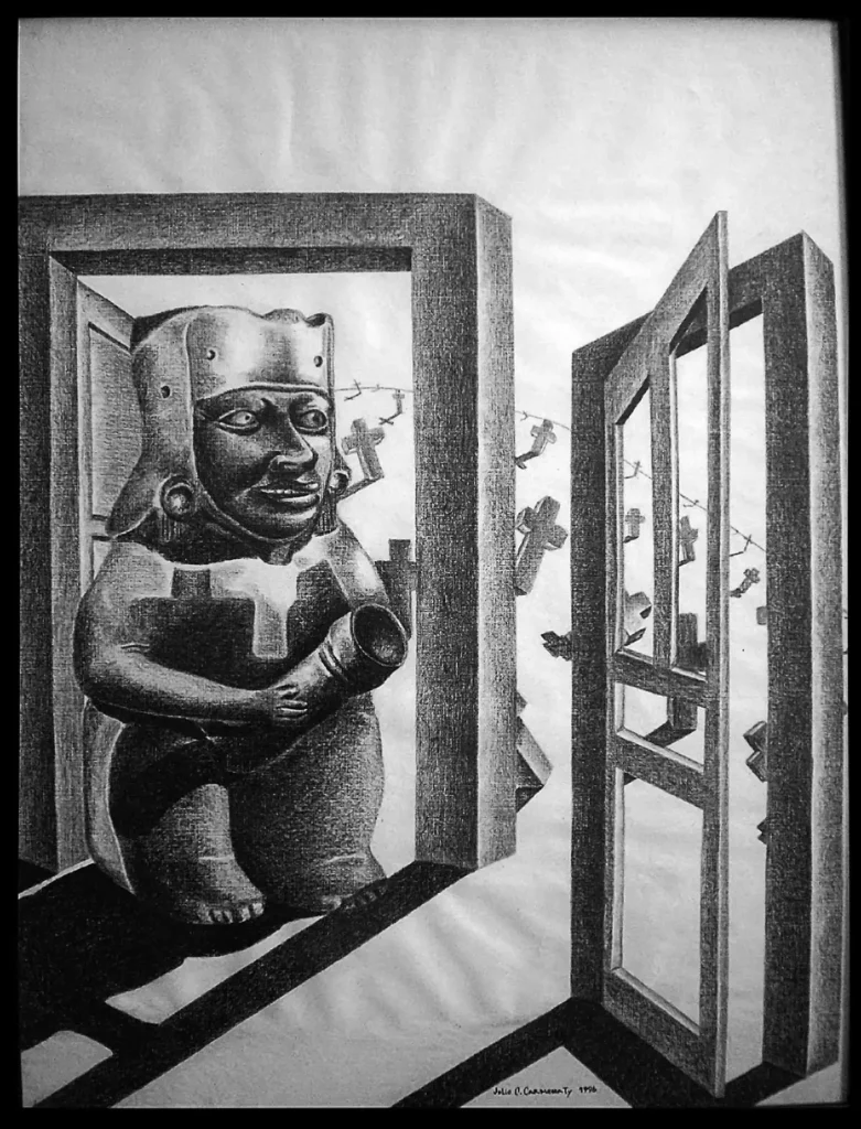 Obras Julio Carmenate Dibujo al carboncillo sobre grabado en papel «En Mi Casa Mando Yo» (1996) de Julio César Carmenate Laugart
