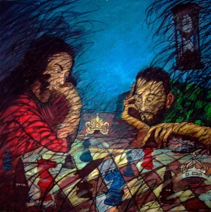 Pintura 'Mate en Tres' (1999) de Israel Tamayo Zamora. Técnica: acrílico sobre tela, 136 x 141 cm.