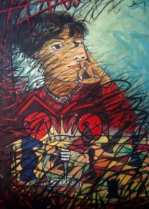 Pintura 'Mujer Ajedrecista' (1999) de Israel Tamayo Zamora. Técnica: acrílico sobre tela, 120 x 80 cm. «mujer ajedrecista» (1999), israel tamayo zamora
