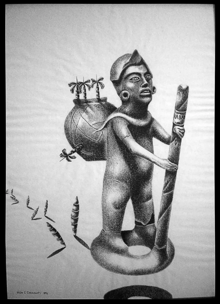 Obras Julio Carmenate Dibujo al carboncillo sobre grabado en papel «Pagador de Promesas» (1996) de Julio César Carmenate Laugart