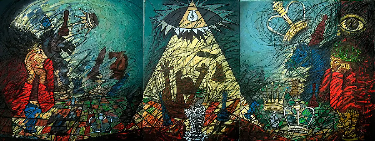 Pintura «Apocalipsis» -tríptico- (1999) Israel Tamayo Zamora. Técnica: mixta sobre tela, 148 x 383 cm.