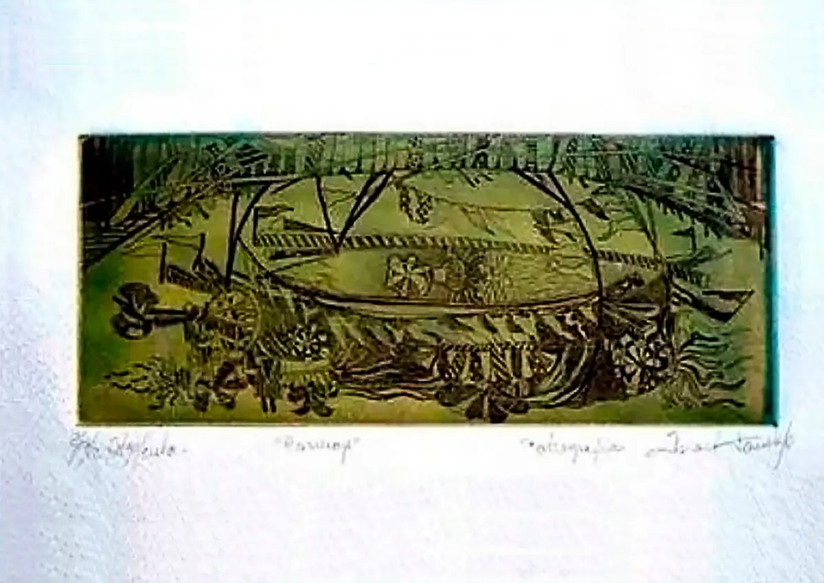 Grabado 'Carruaje' (1990) de Israel Tamayo Zamora. Técnica: Calcografía serie 2/12, 48 x 34 cm., en la Colección RepArte del Fondo "República del Arte"®.