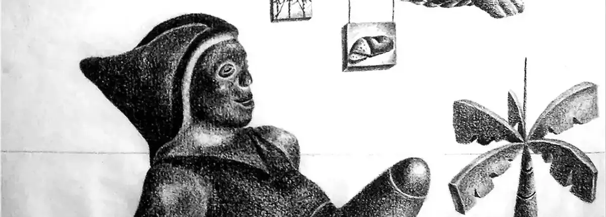 Detalle del dibujo al carboncillo sobre grabado en papel «Sin Título» (1996) de Julio César Carmenate Laugart, en la Colección RepArte Arte Cubano del Fondo "República del Arte"®