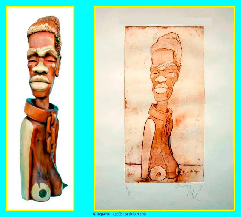 "Esclava cimarrona" en talla y grabado. Escultura en madera de sabina, representa el busto desnudo desde debajo de sus pechos de una mujer africana con un grillete en el cuello y tres eslabones cortados que caen en vertical. La talla muestra una combinación de tonos oscuros y claros distribuidos caprichosamente por la naturaleza y la creación del artista. Artistas: Ángel Salazar (escultor), artista cubano de Isla de la Juventud., y el grabado por la artista Magdalena Fernández Brenlla de Algorta.