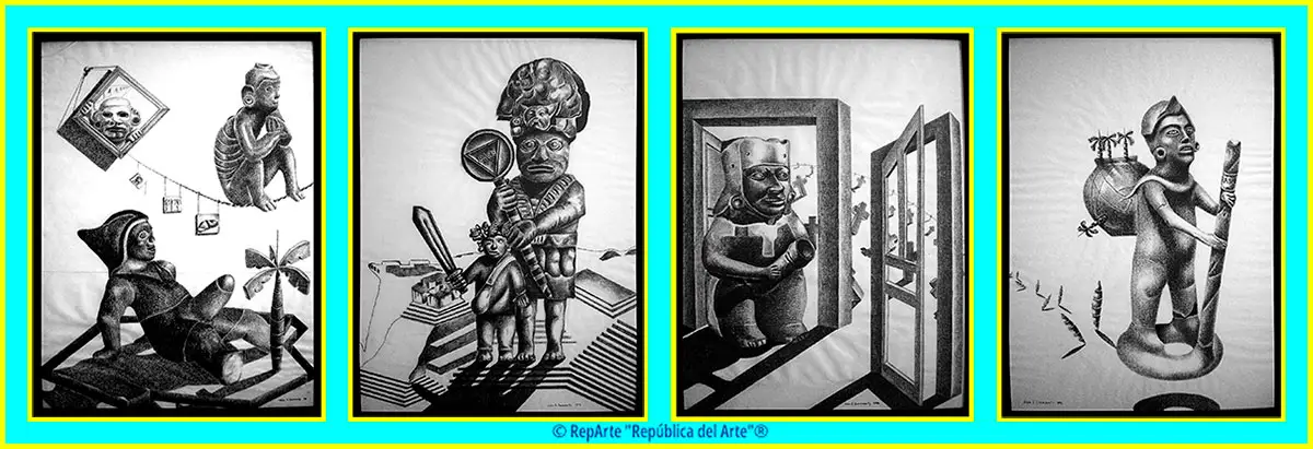 Imagen de los dibujos al carboncillo sobre estampación de Julio César Carmenate Laugart en Colección RepArte Arte Cubano del Fondo "República del Arte"®.