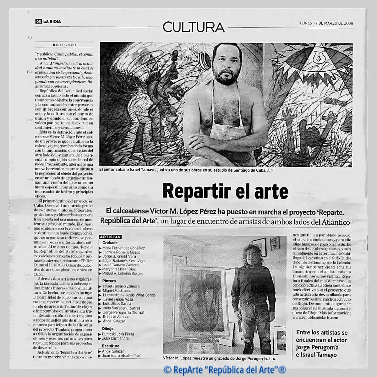 Manifiesto Imagen página de periódico del Reportaje de prensa "Repartir el arte", diario La Rioja 17-03-2008 sobre el proyecto RepArte "República del Arte"®.